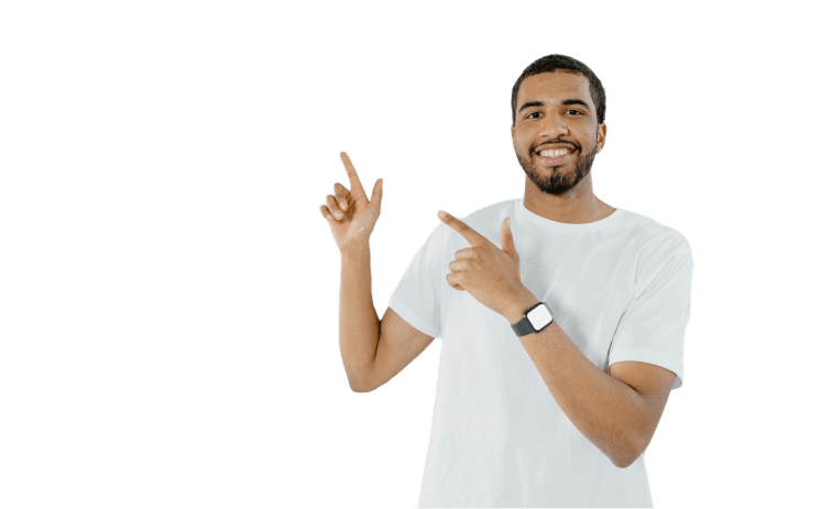 smiling man pointing towards a content